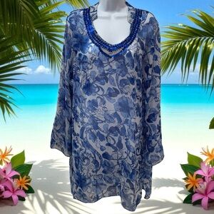 NEW Sunflower Floral Sheer Sequin Swimsuit Coverup Resort Beach‎ Coastal L